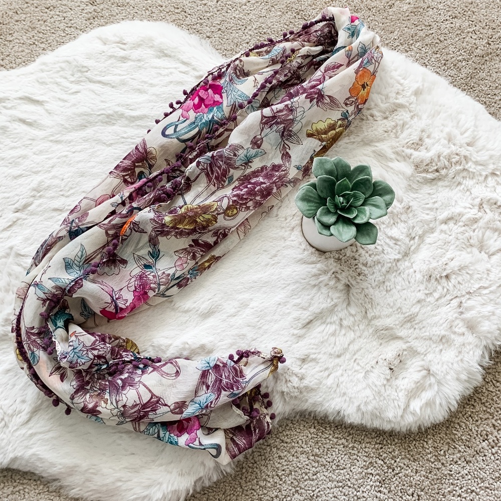 Purple and Cream Floral Oblong Lightweight Scarf